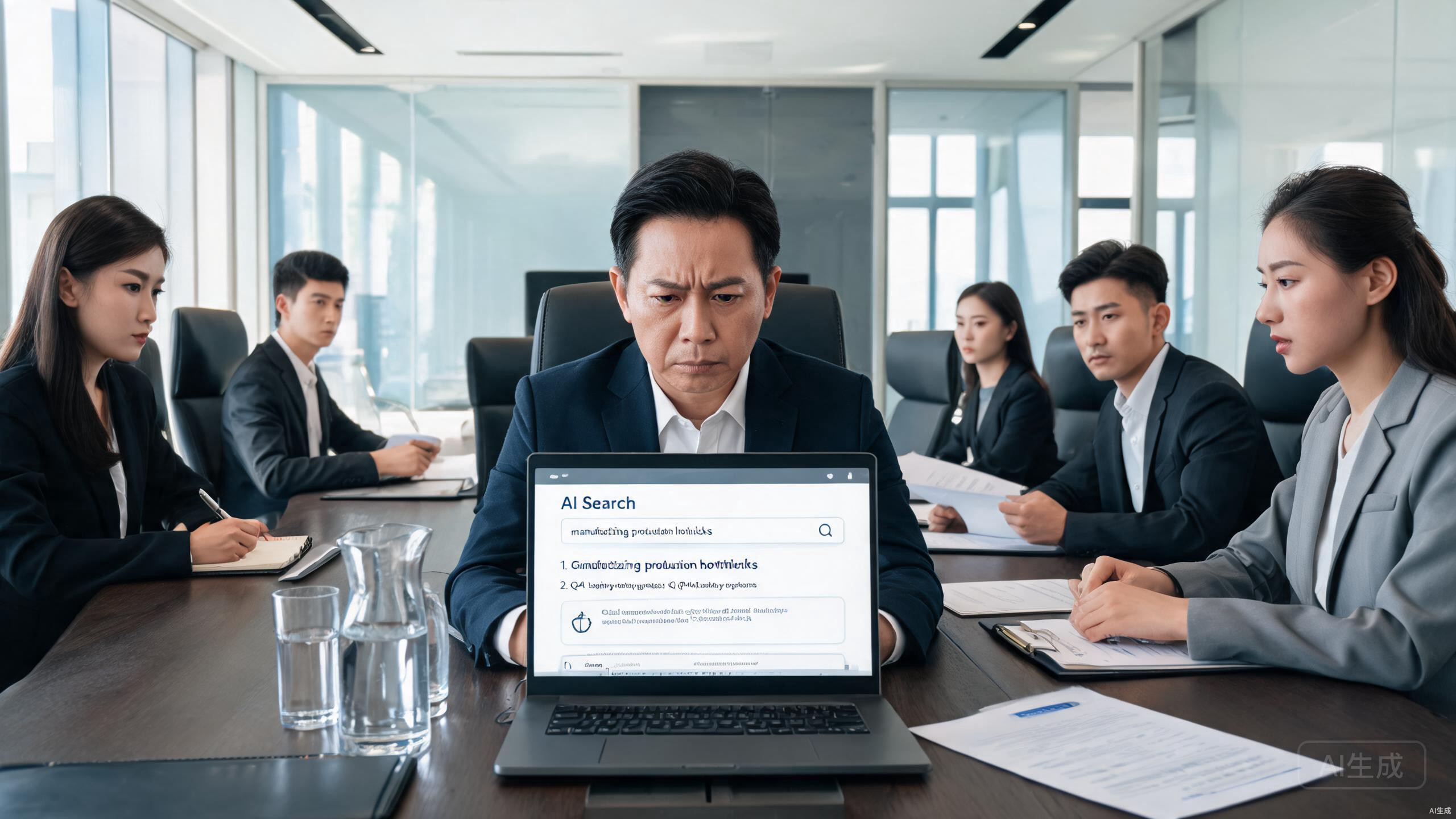 企业管理层在会议室担忧地查看AI搜索结果