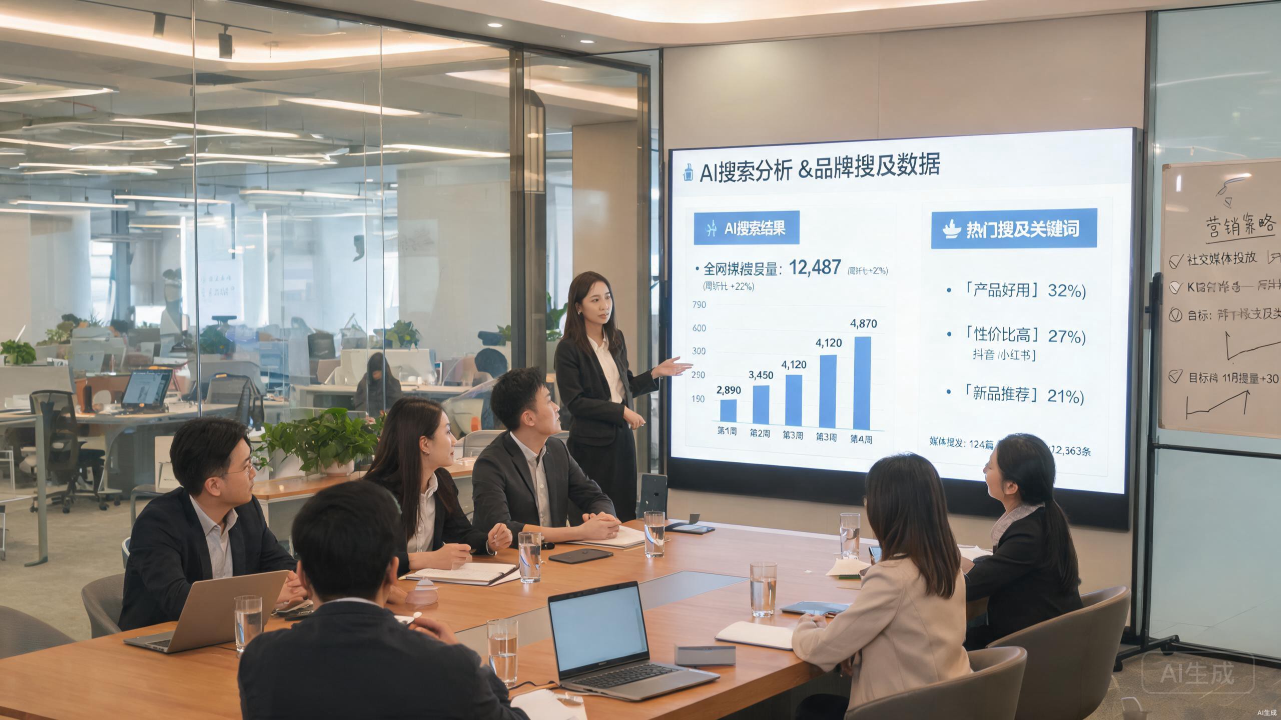团队会议中展示AI搜索分析与品牌提及数据