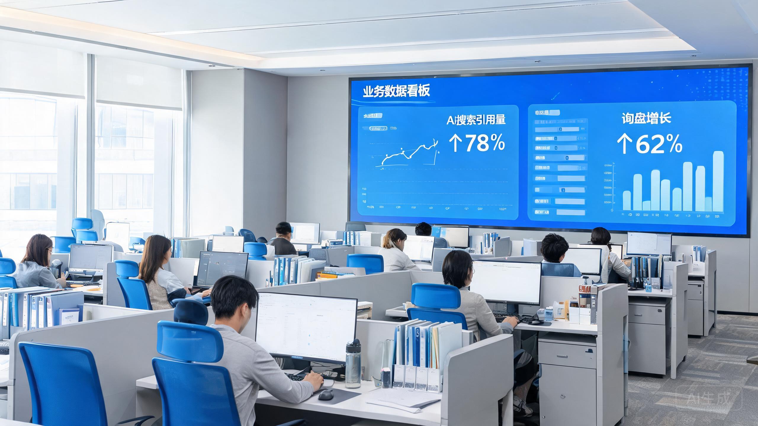 正飞GEO团队在办公室查看AI搜索引用与询盘增长数据看板