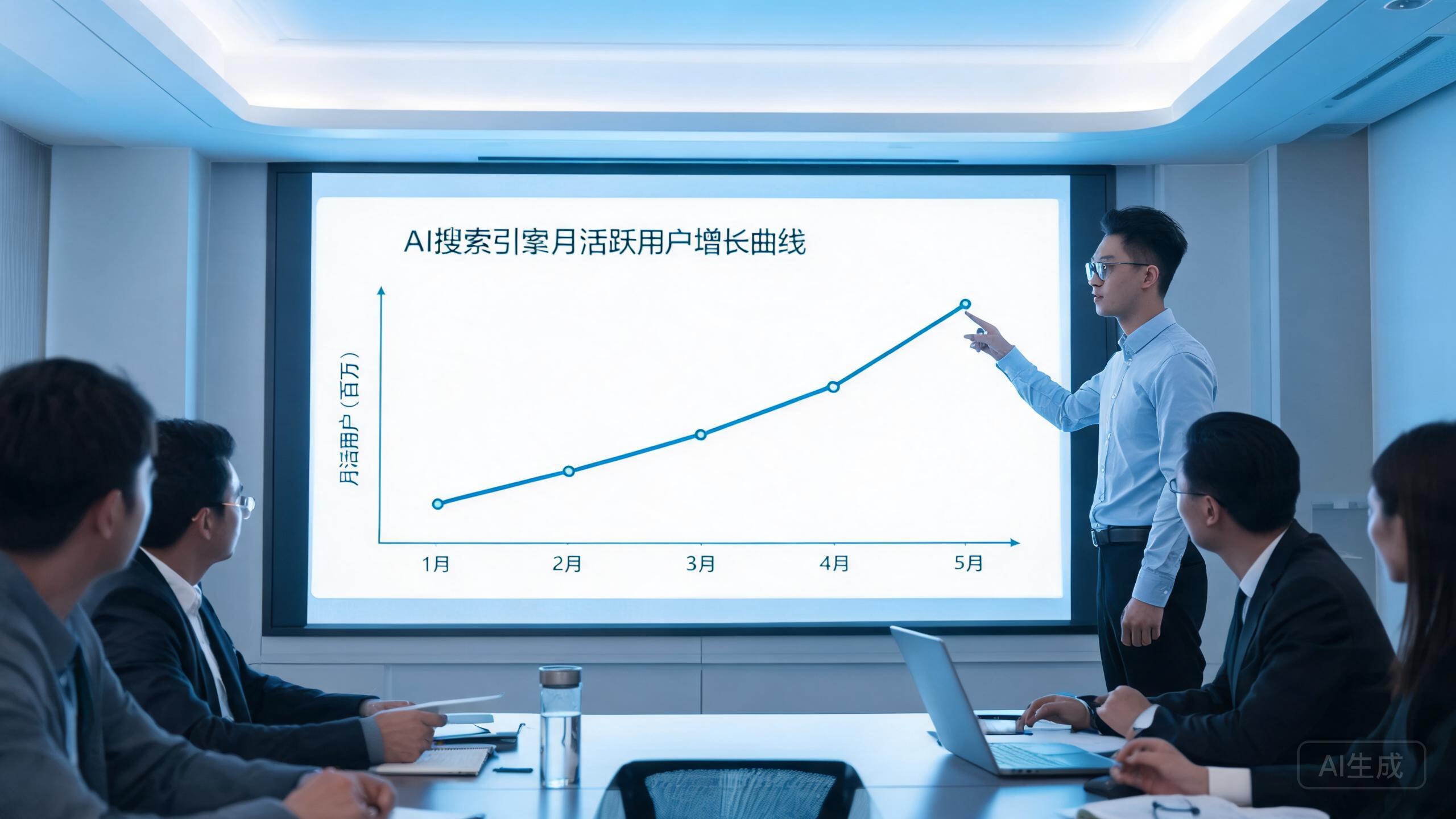 分析师在会议室讲解AI搜索引擎用户增长趋势