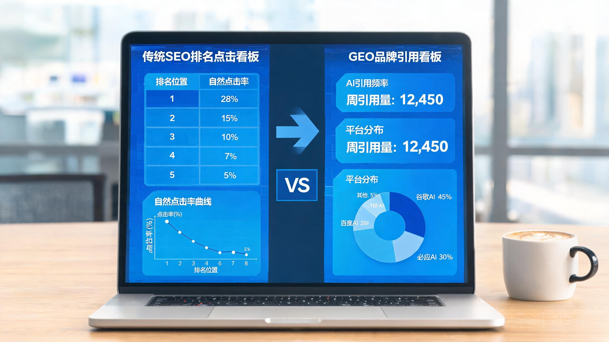 GEO与SEO核心指标对比的真实数据看板界面